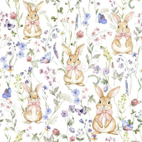 Watercolor bunny rabbit pattern wall mural gentle scene.