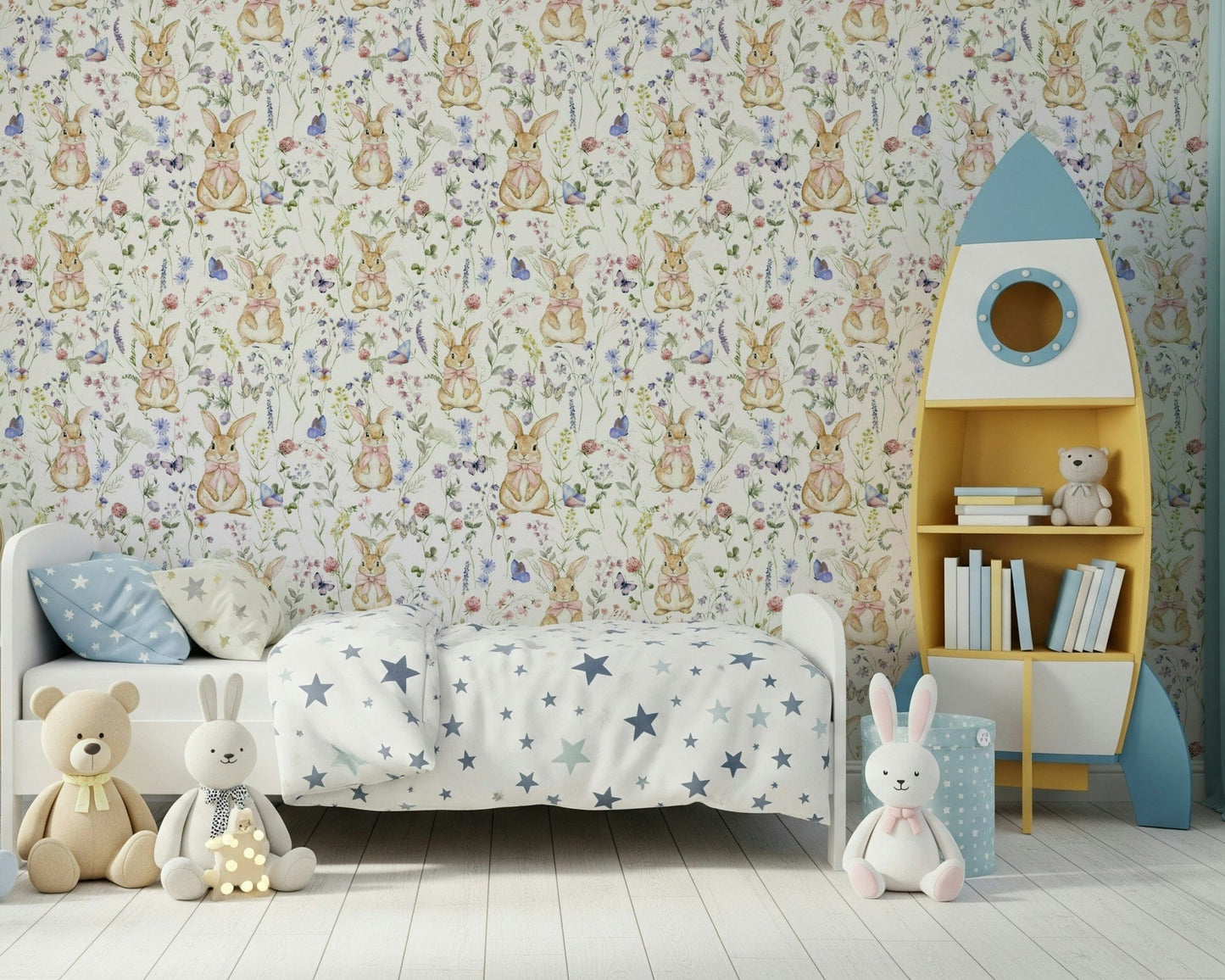 Blissful botanical wall covering with five fluffy rabbits.