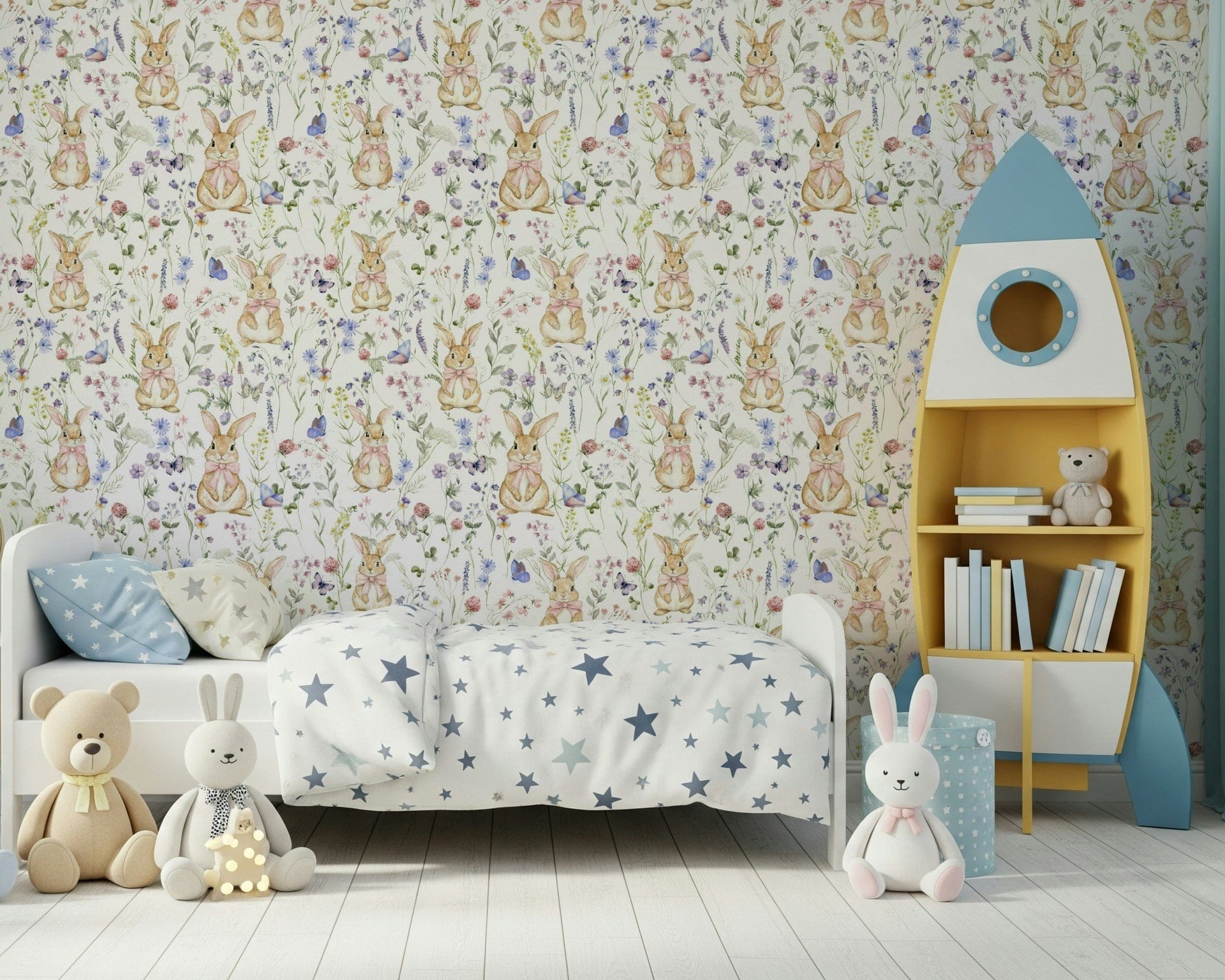 Blissful botanical wall covering with five fluffy rabbits.