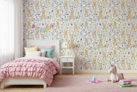 Floral Bunny Bliss animal print mural with soft focus.