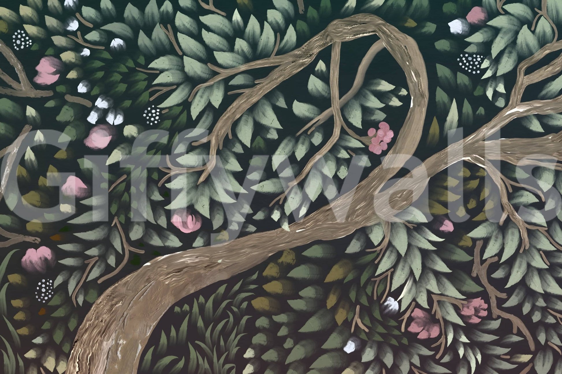 Intricate Floral Canopy Dream mural depicts stylized wilderness and blooms.