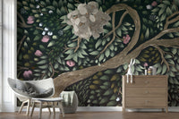 Soft rose petals accent this Floral Canopy Dream mural wallpaper.