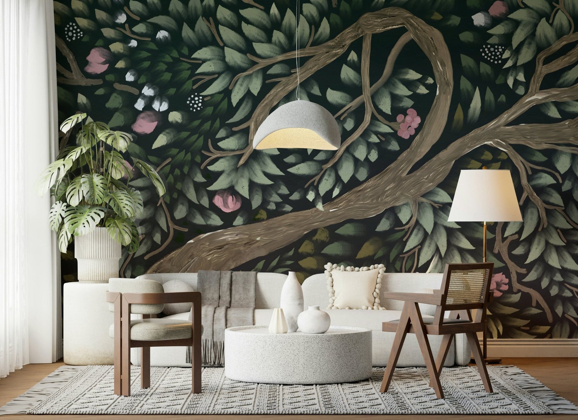 Pink blossoms peek through Floral Canopy Dream dense foliage wallpaper., GD7486