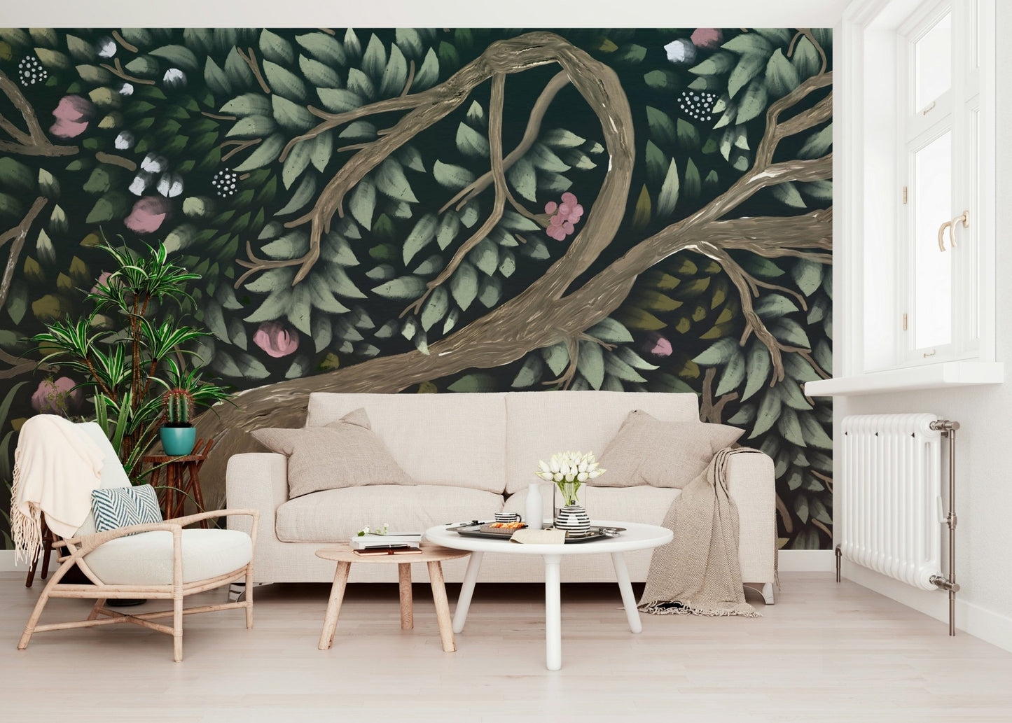 Midnight garden scene illustrates Floral Canopy Dream botanical wall mural.