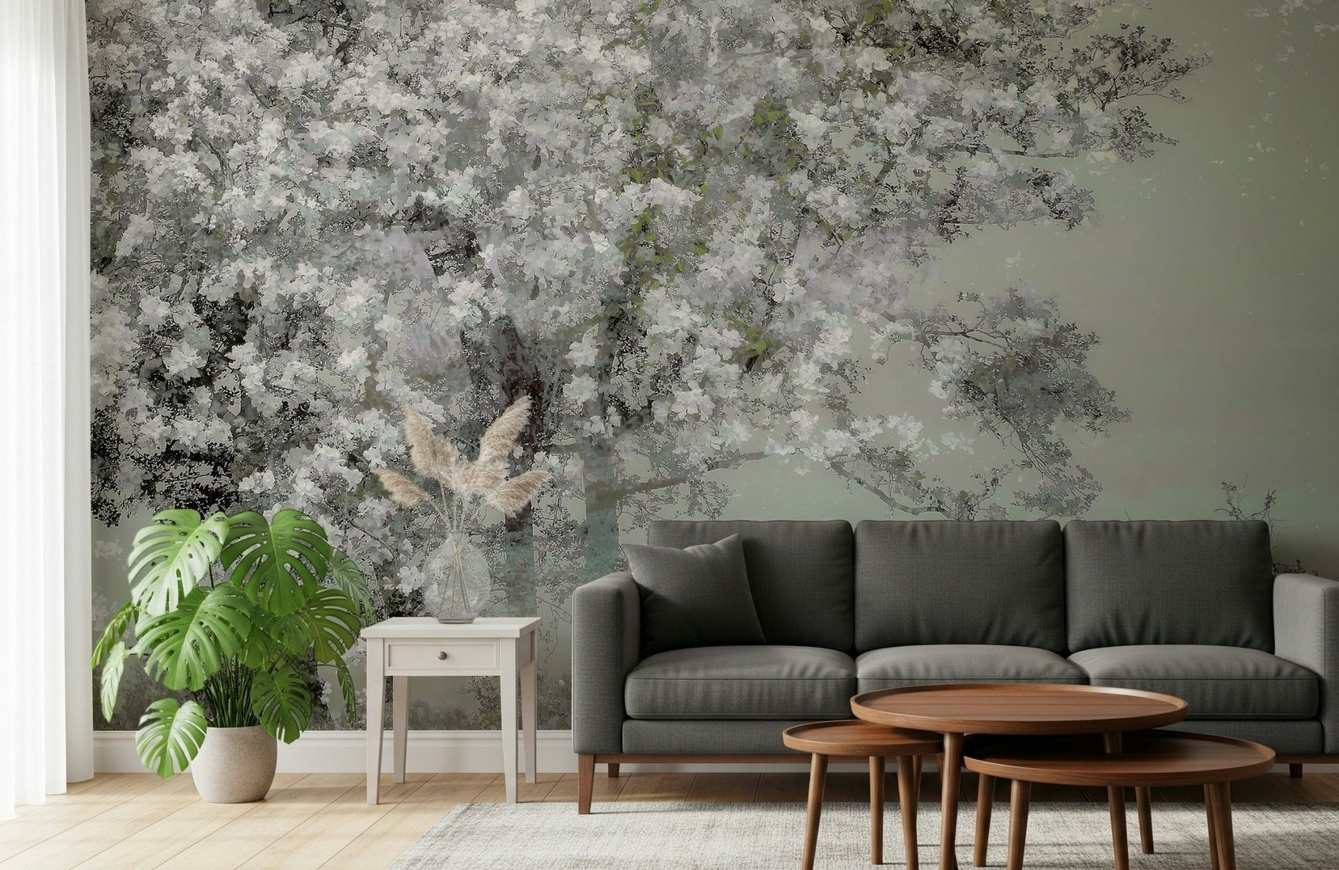 A peaceful flower design mural on decorative wallpaper.