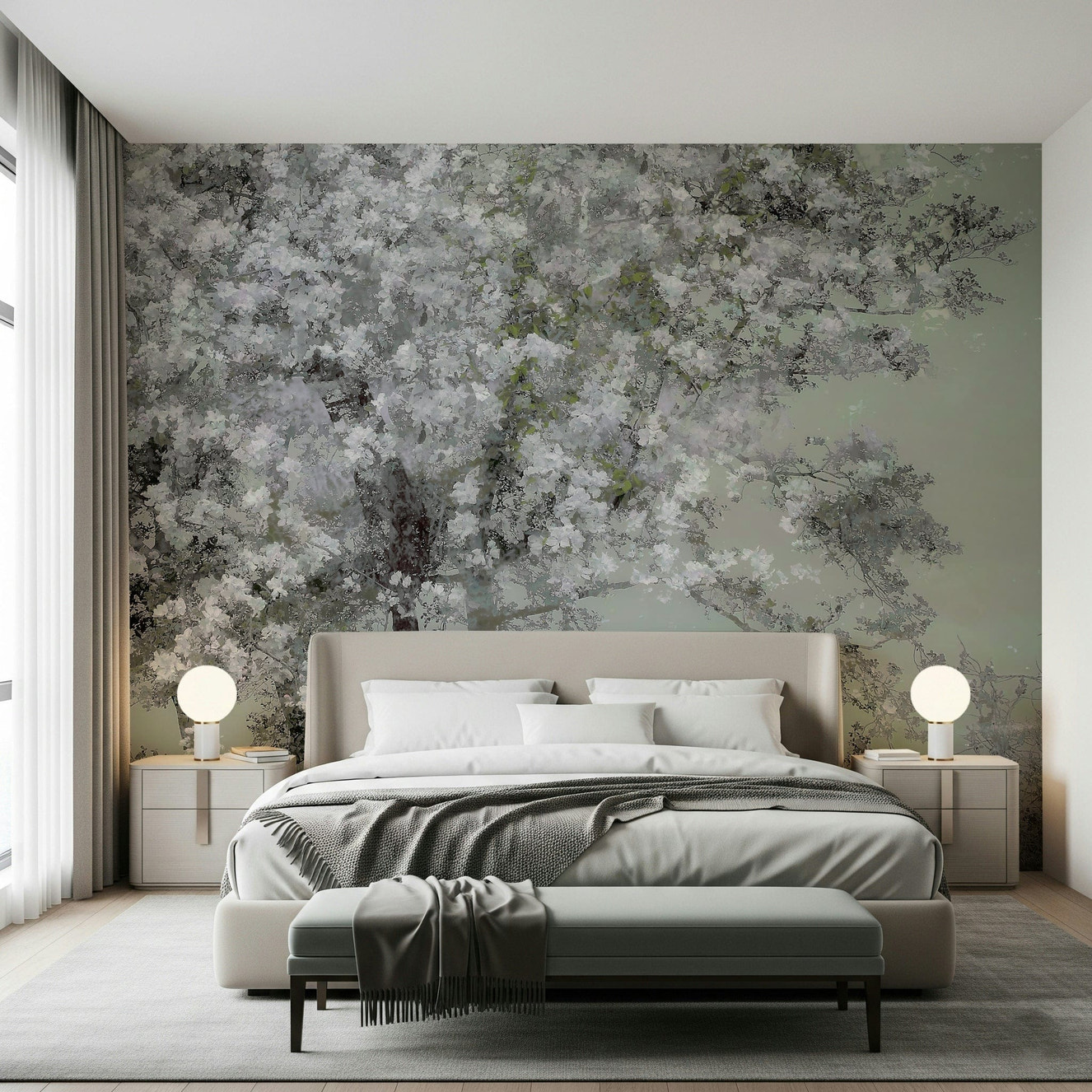 A beautiful subtle floral wallpaper mural with a calming canopy of leaves.
