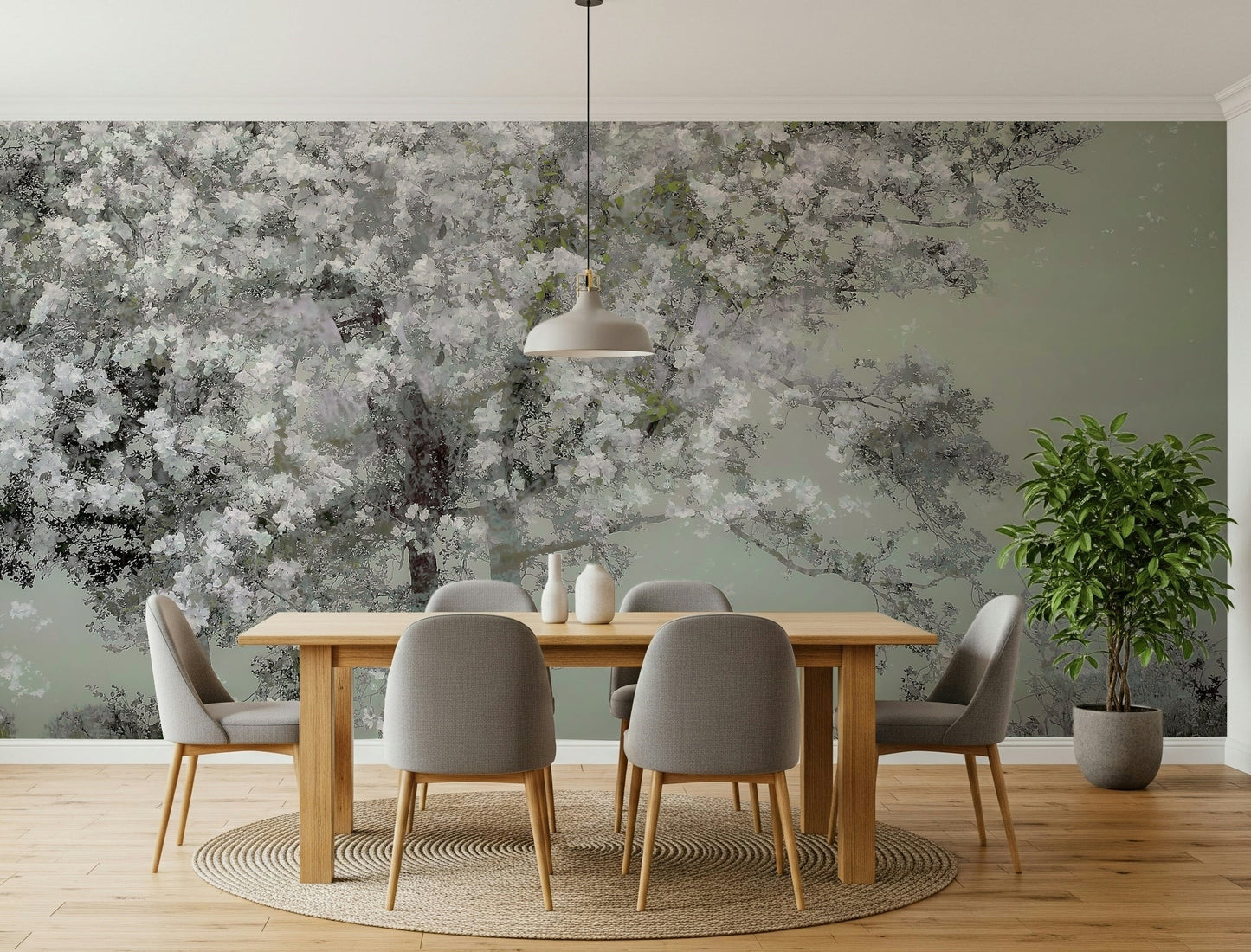 A contemplative floral pattern wallpaper mural for a feature wall.