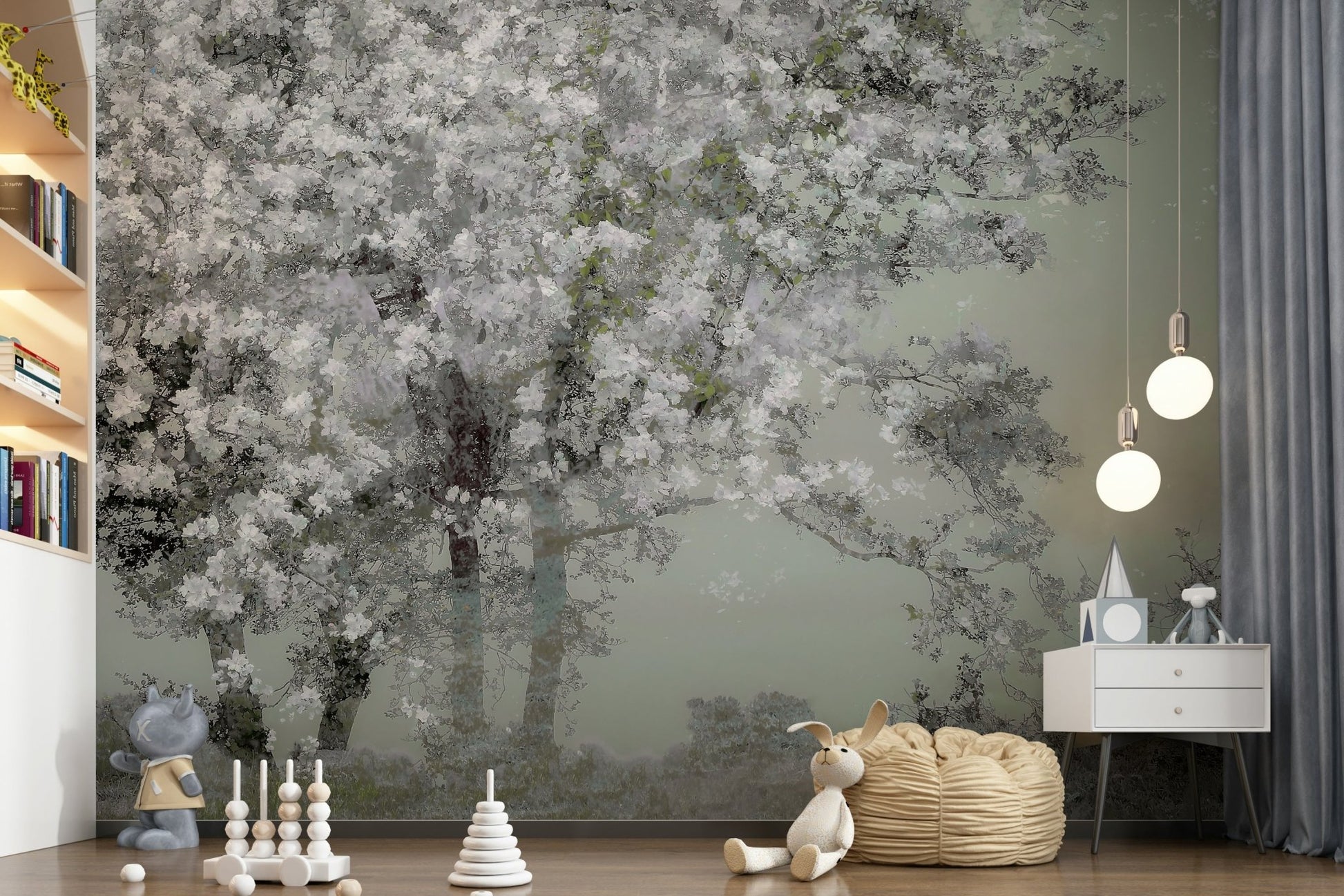 A calming floral design wallpaper mural that defines a space.