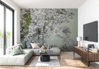 An artistic delicate bloom mural on minimalist wallpaper.