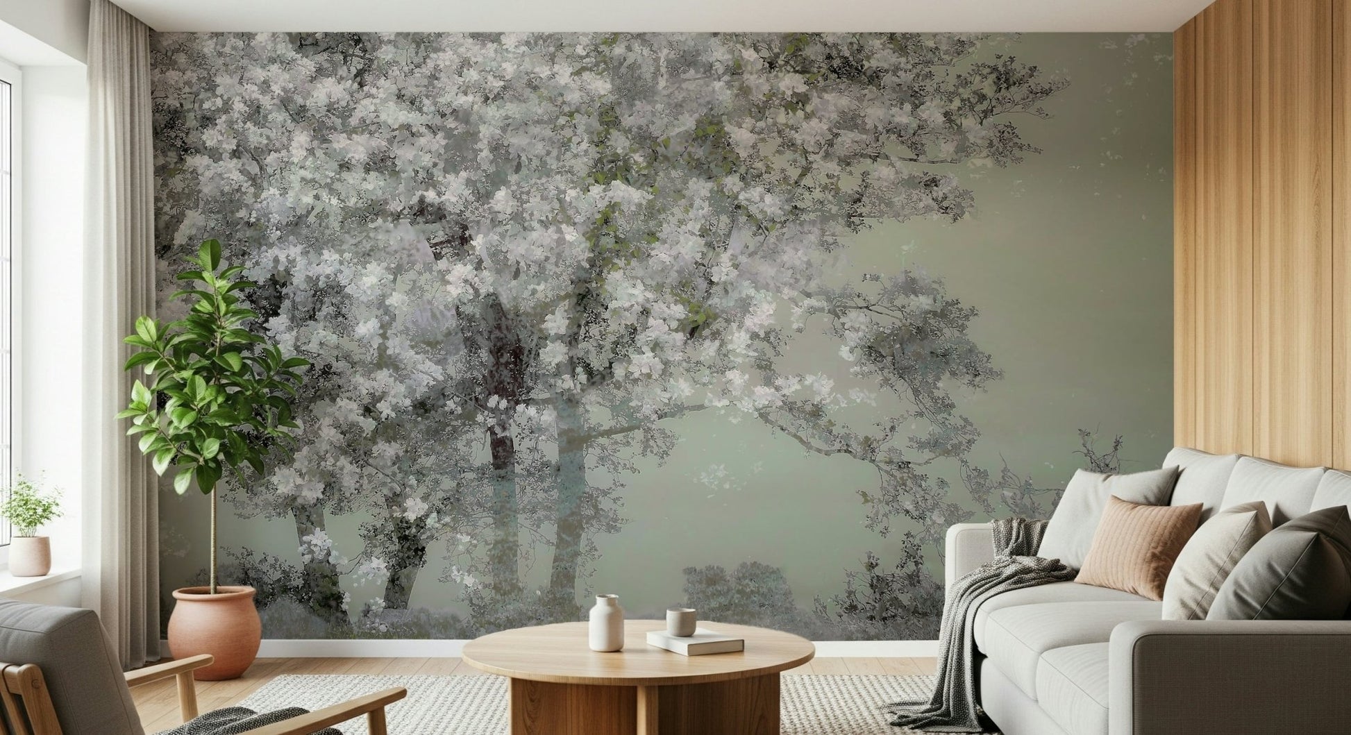A graceful subtle flower wall mural in soft, elegant tones.