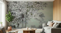 A graceful subtle flower wall mural in soft, elegant tones.