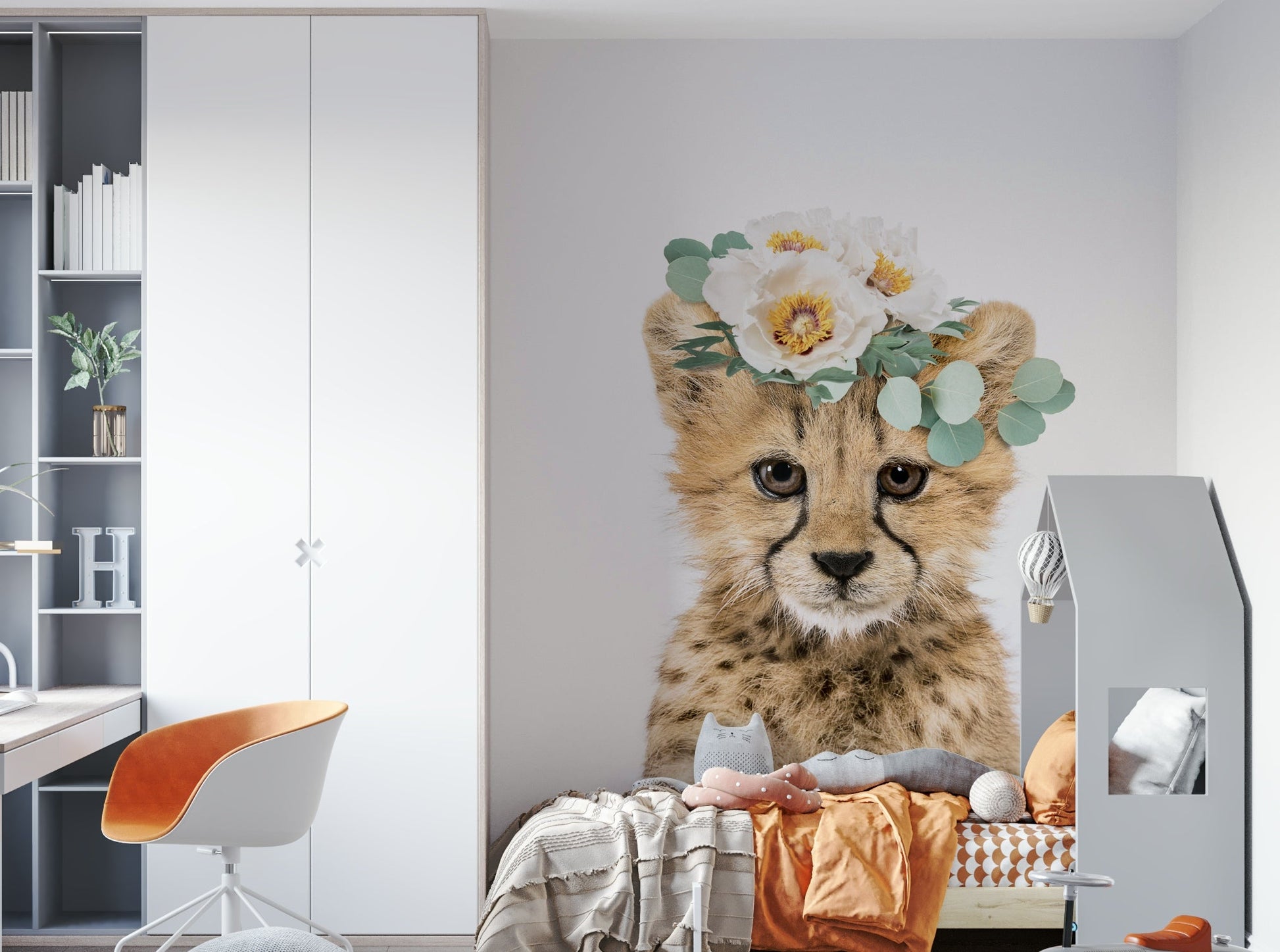 Floral Cheetah Cub Wall Mural creating a whimsical atmosphere.

