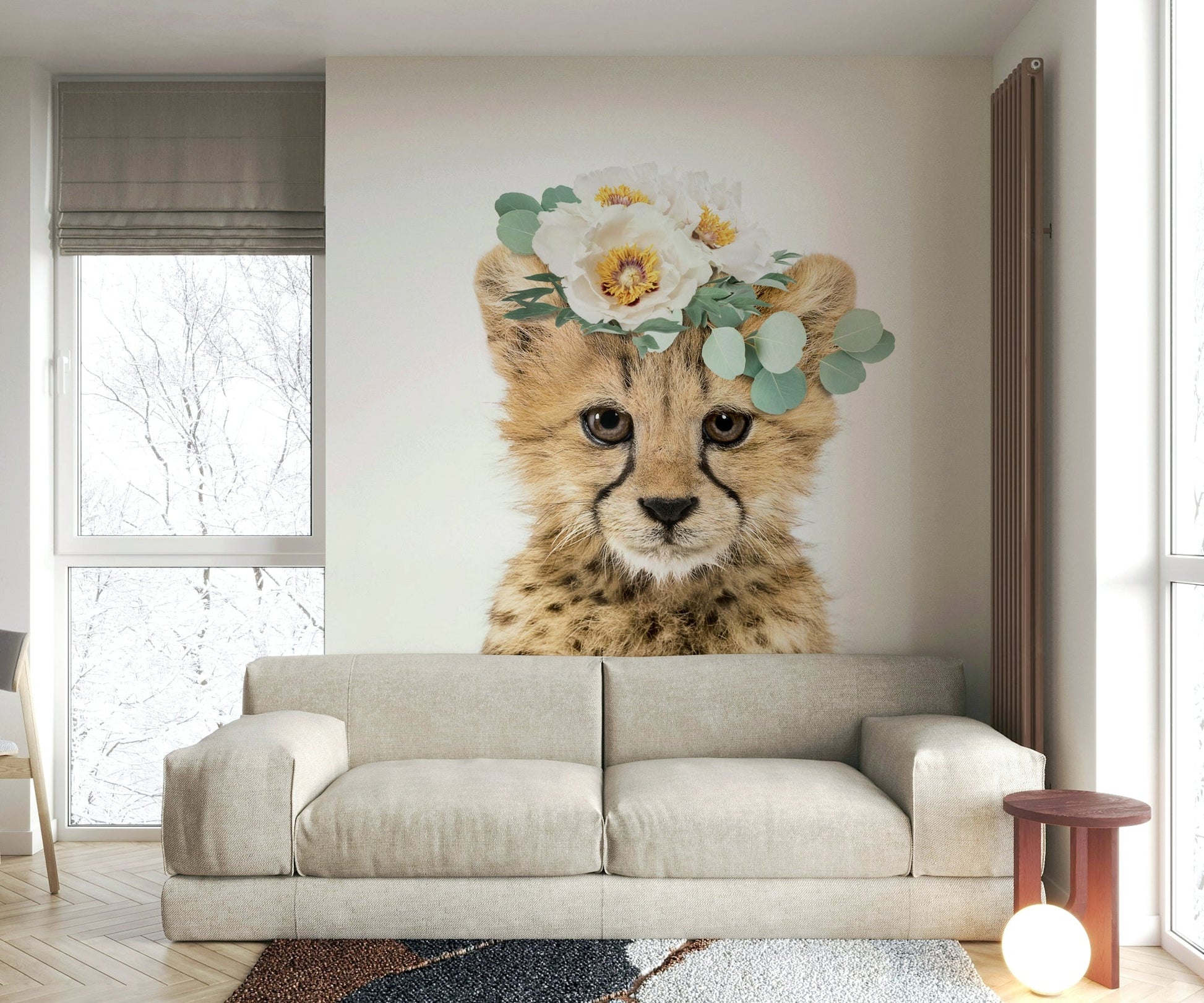 Cute cheetah cub surrounded by florals in a wall mural.


