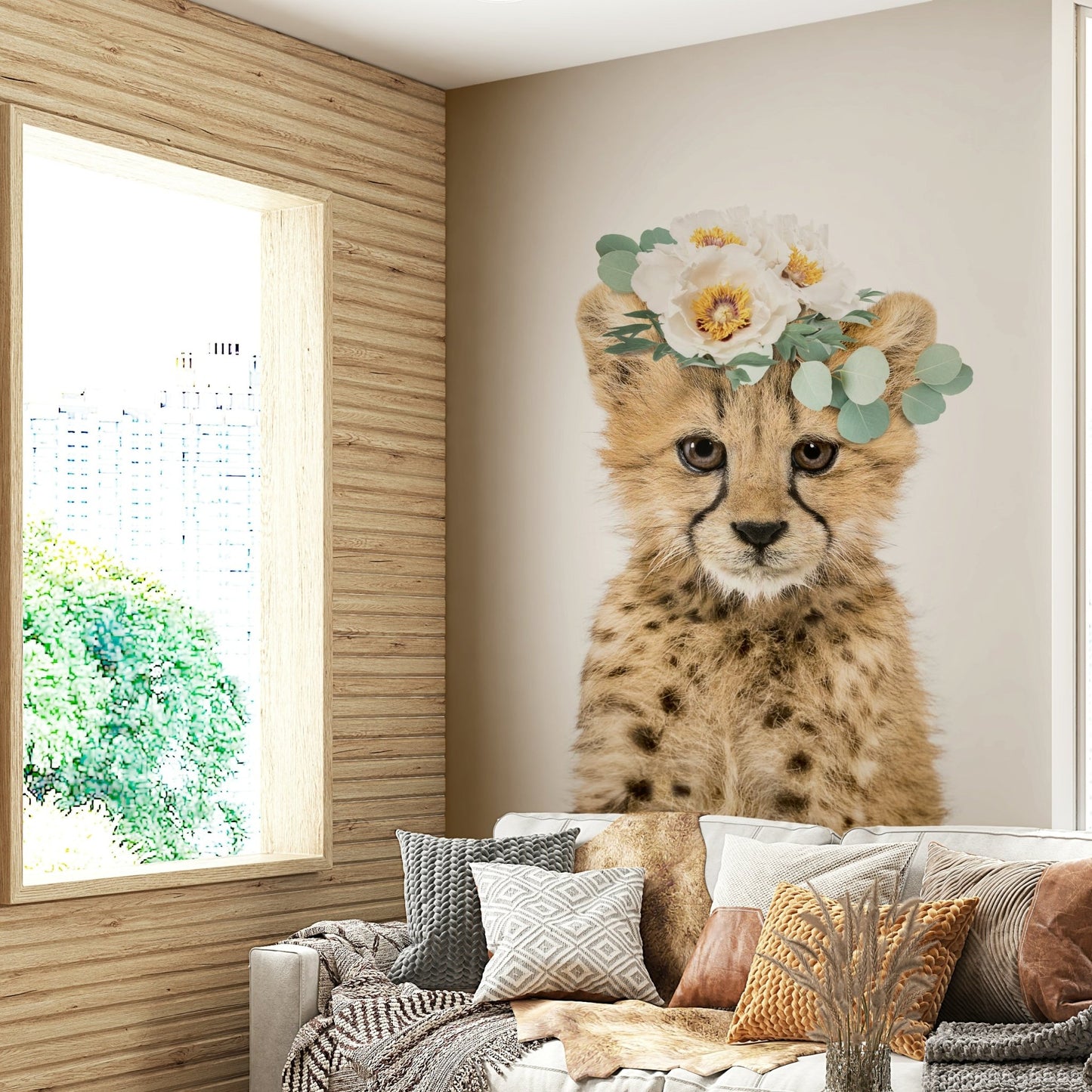 Floral Cheetah Cub Wall Mural with a playful animal design.

