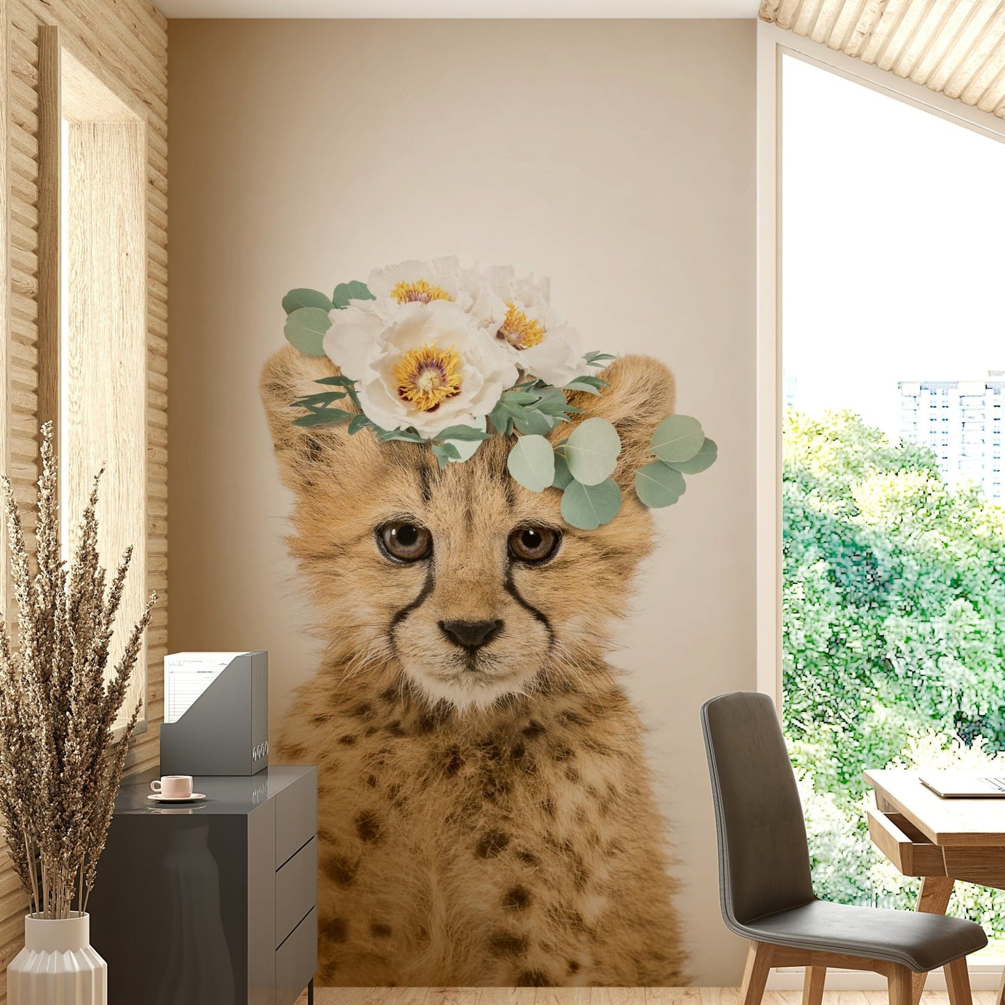 Floral Cheetah Cub Wall Mural with vibrant floral accents.

