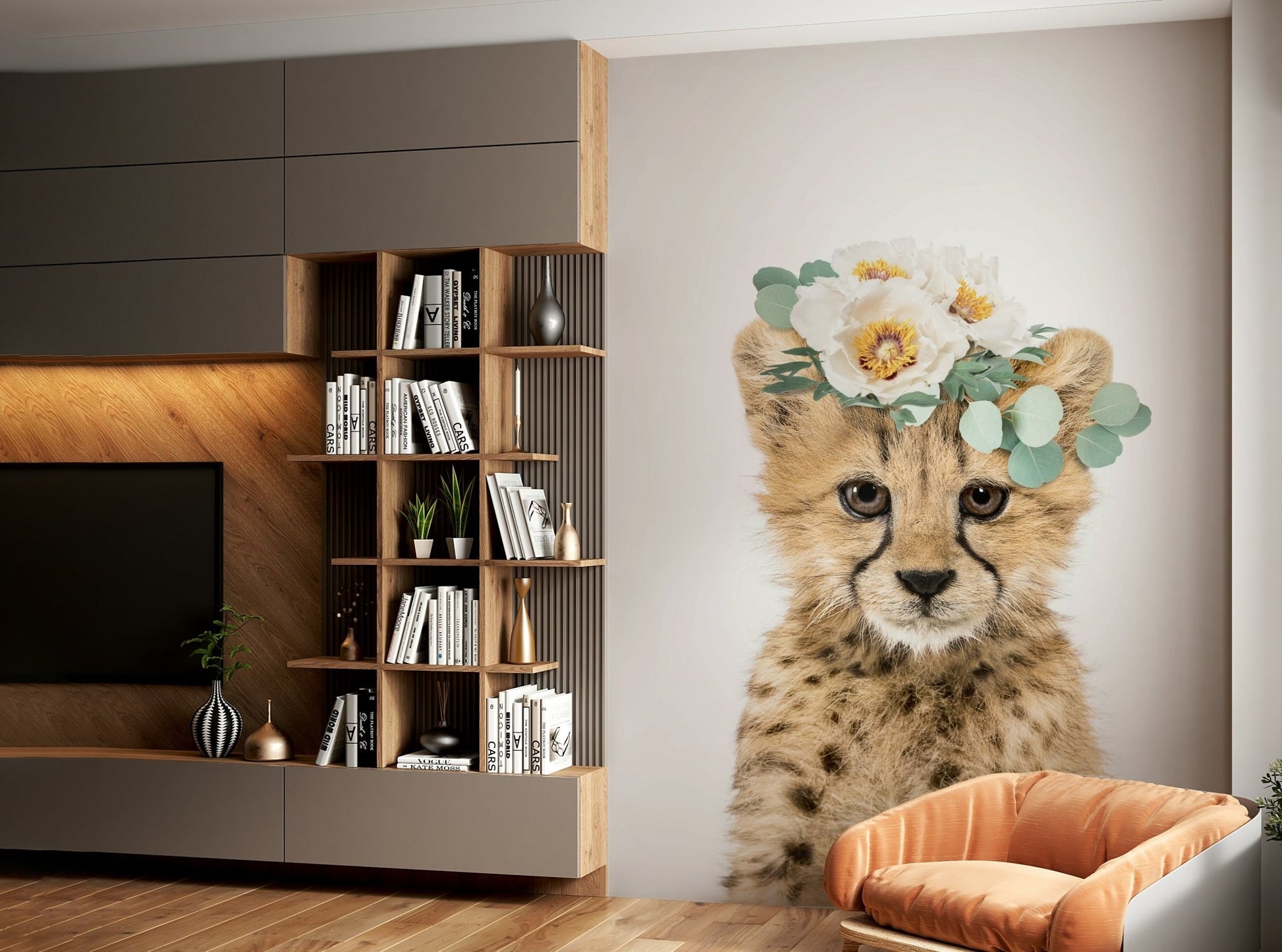 Stunning cheetah cub and floral mural for animal lovers.

