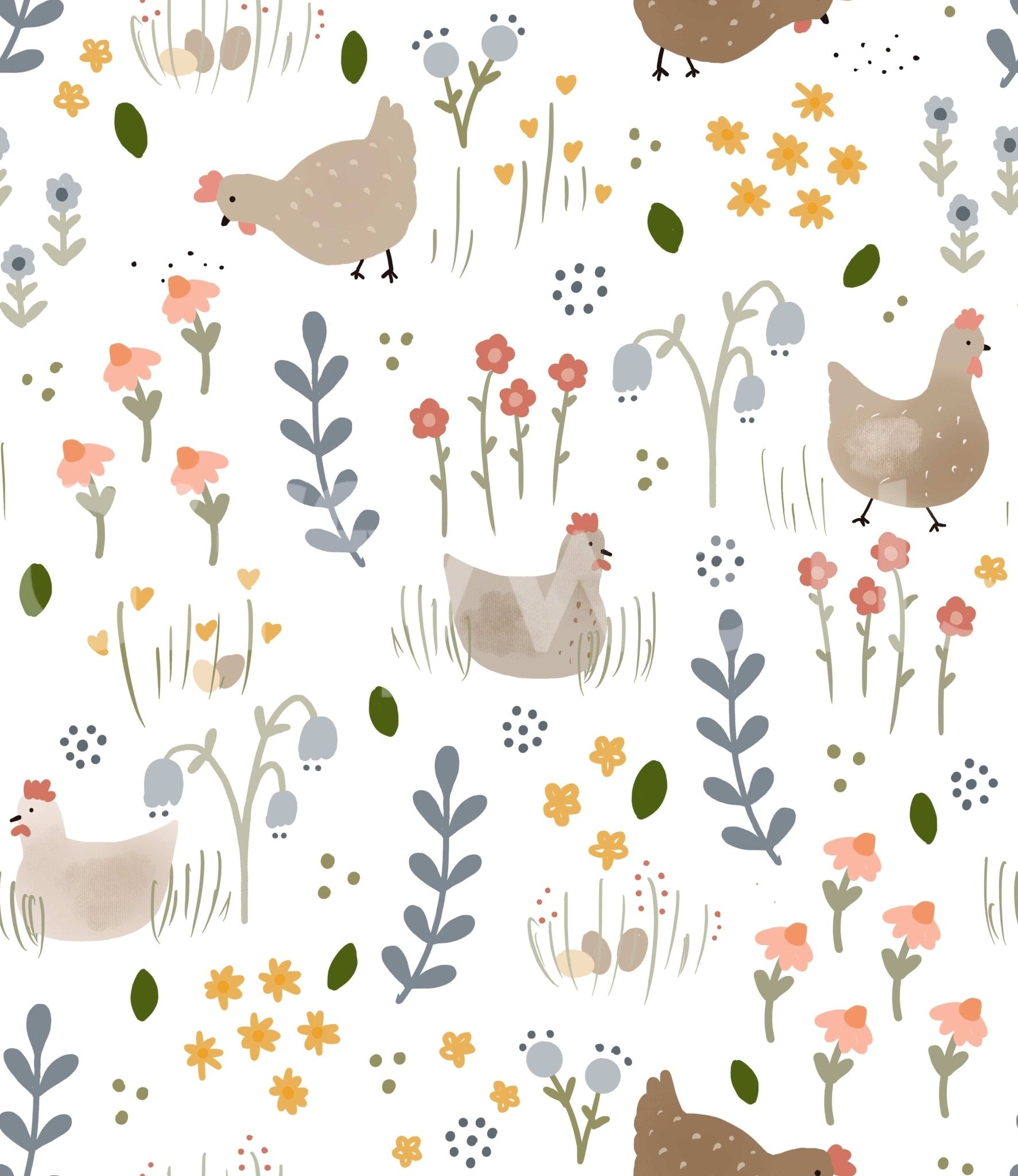 Hens among wildflowers art

