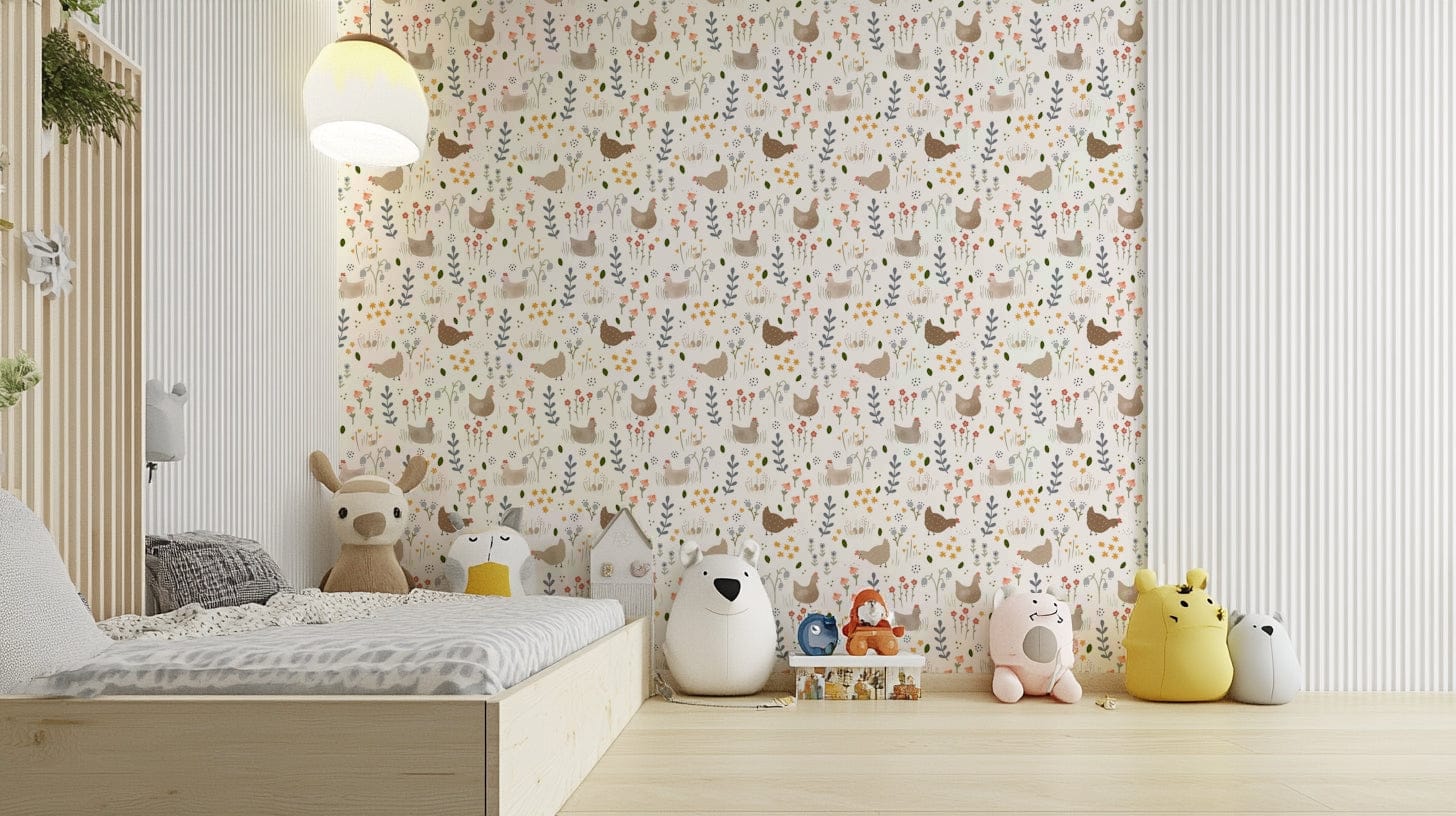 Roaming chickens floral scene

