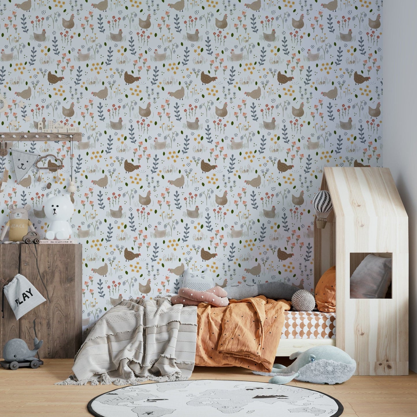 Floral background with hens

