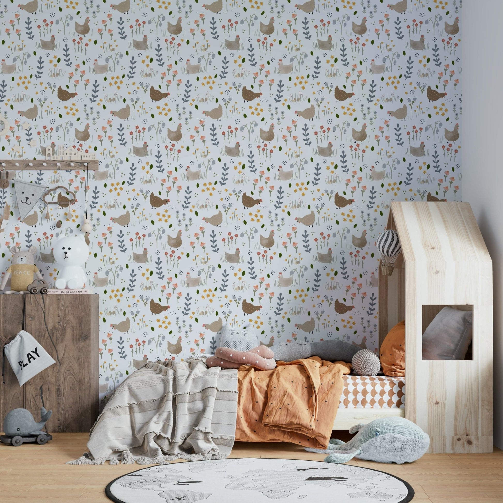 Floral background with hens

