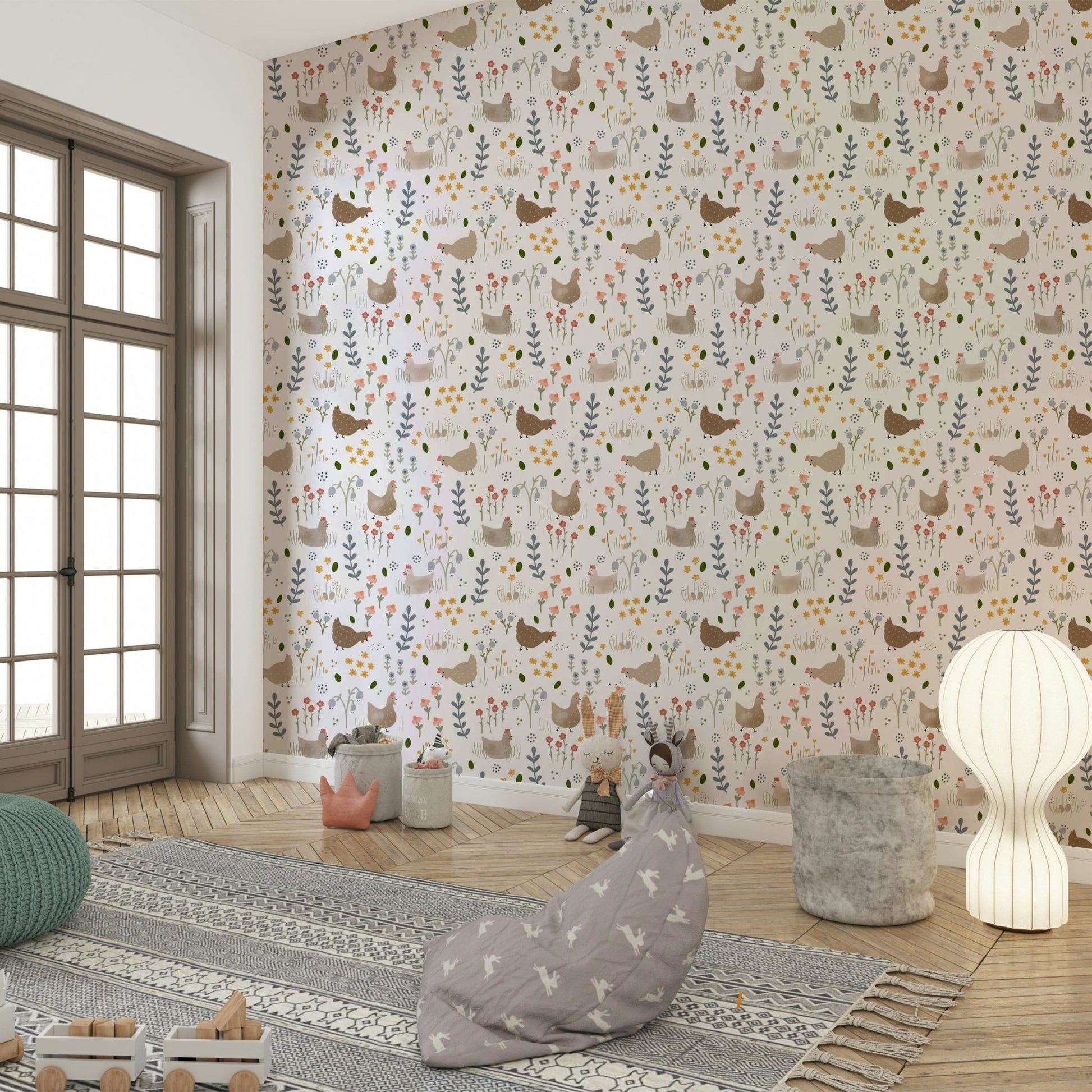 Cute chickens in floral meadow

