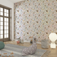 Cute chickens in floral meadow

