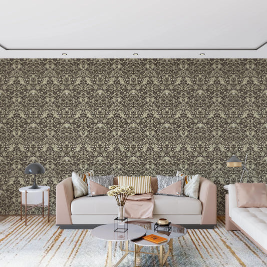 Living room with Floral Damask Cream wallpaper in a decorative bloom pattern