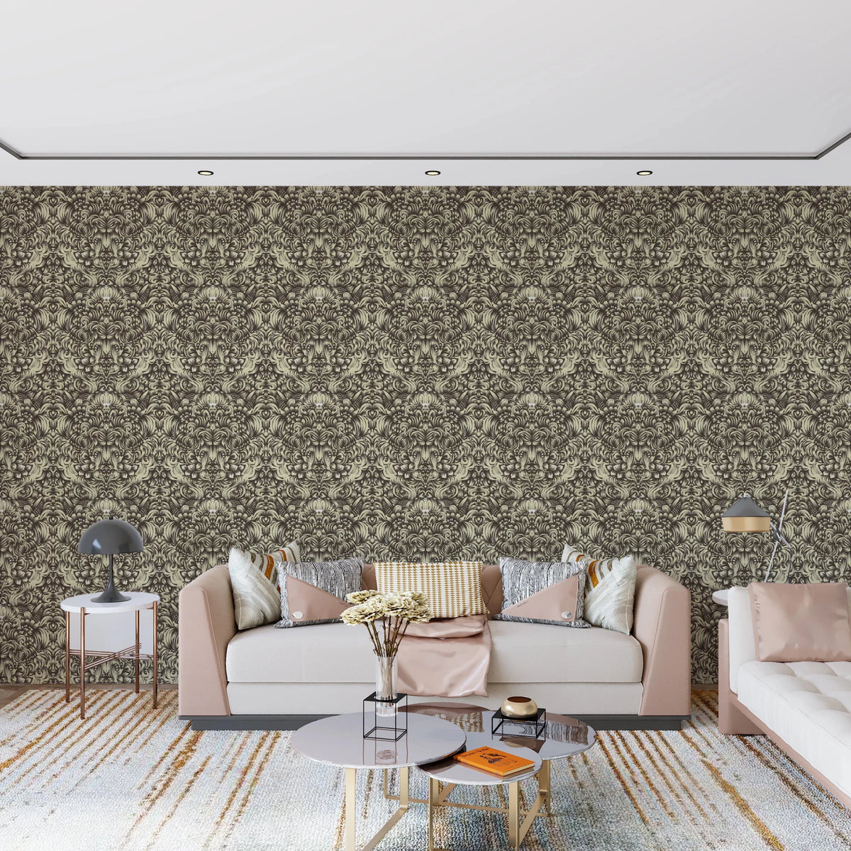 Living room with Floral Damask Cream wallpaper in a decorative bloom pattern, GD8811