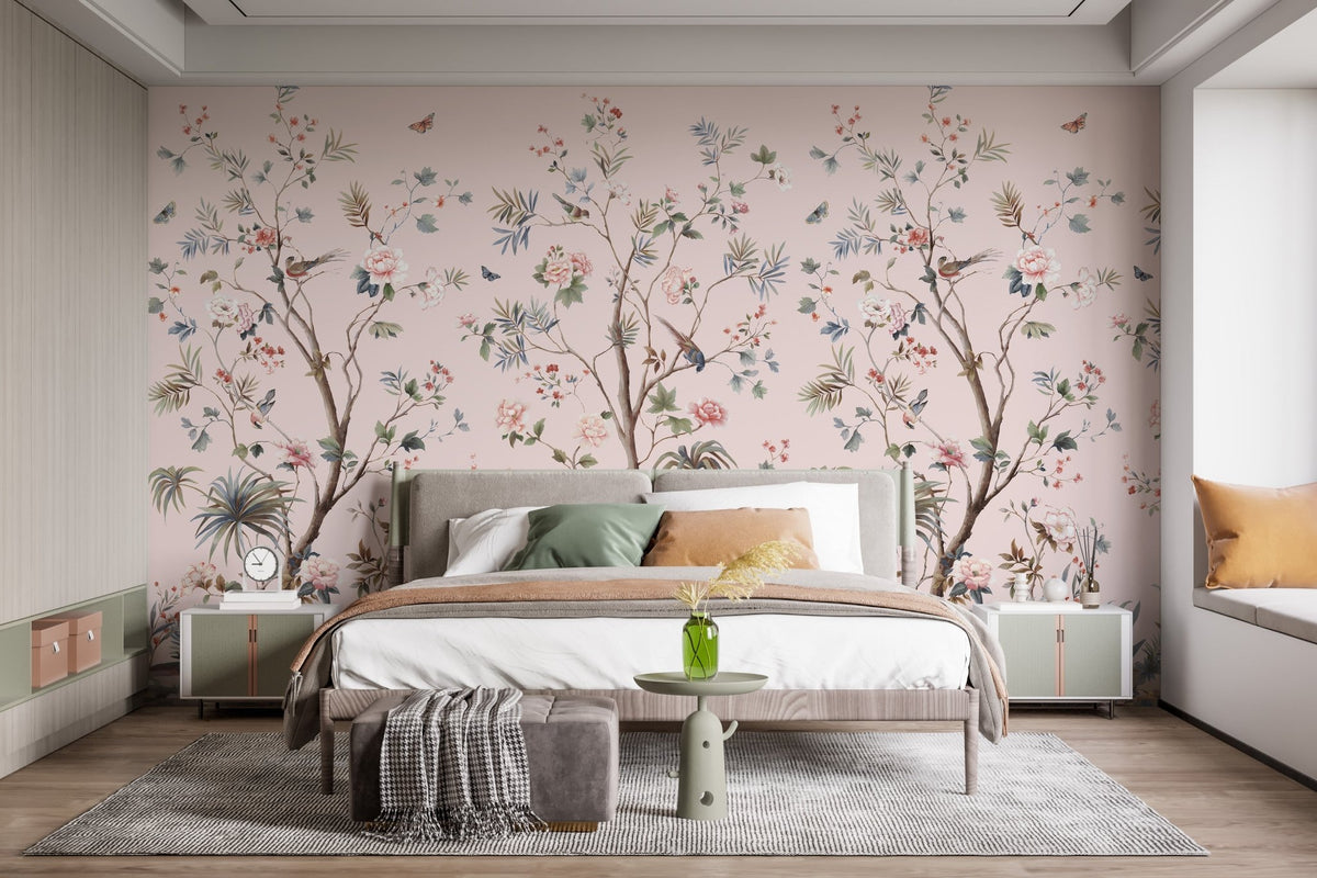 Pink Chinoiserie Floral Design Wallpaper Mural | Giffywalls