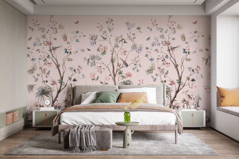 Pink Chinoiserie Floral Design Wallpaper Mural | Giffywalls