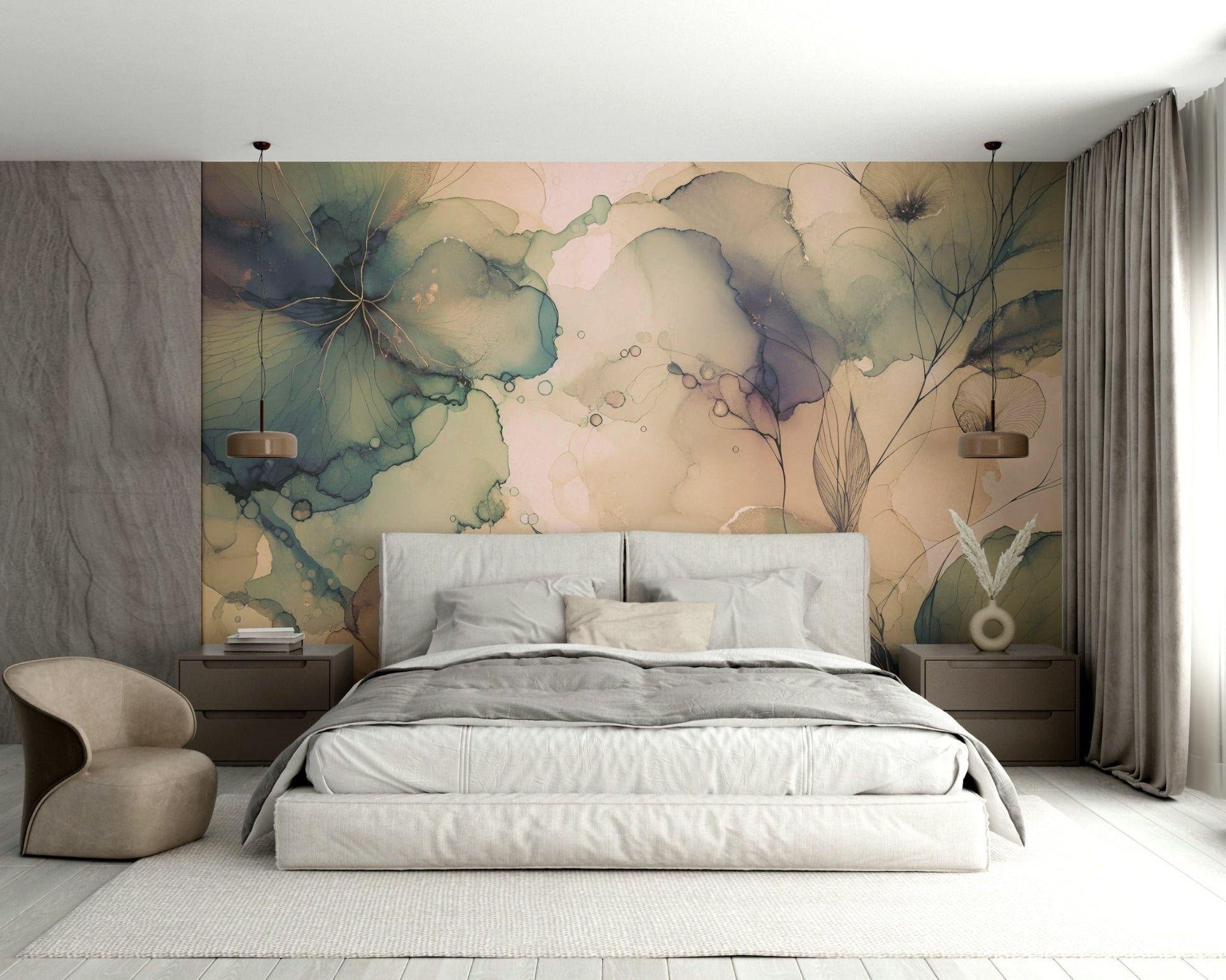 Large-scale wall mural with blooming dreamlike florals.

