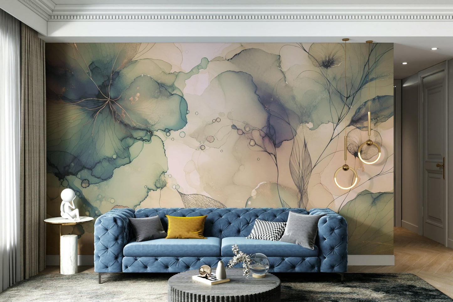 Elegant botanical wall mural with floating blossoms.


