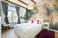 Delicate floral mural in pale pink and ivory tones.

