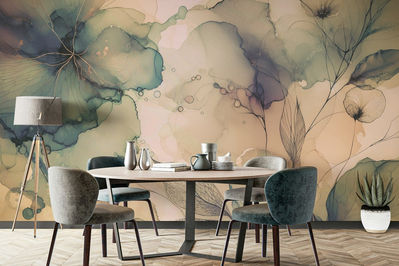 Dreamy floral wall mural with soft pastel flowers.

