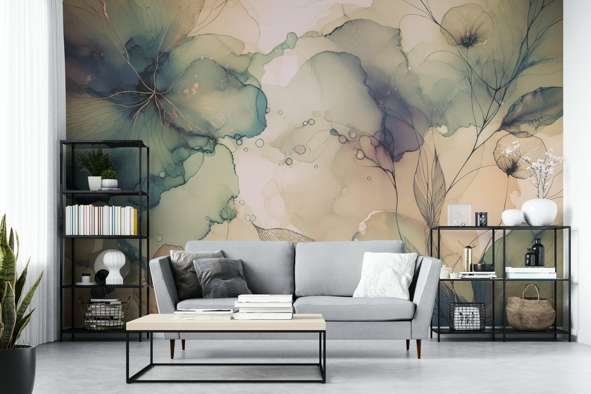 Watercolor-style floral mural for serene interiors.

