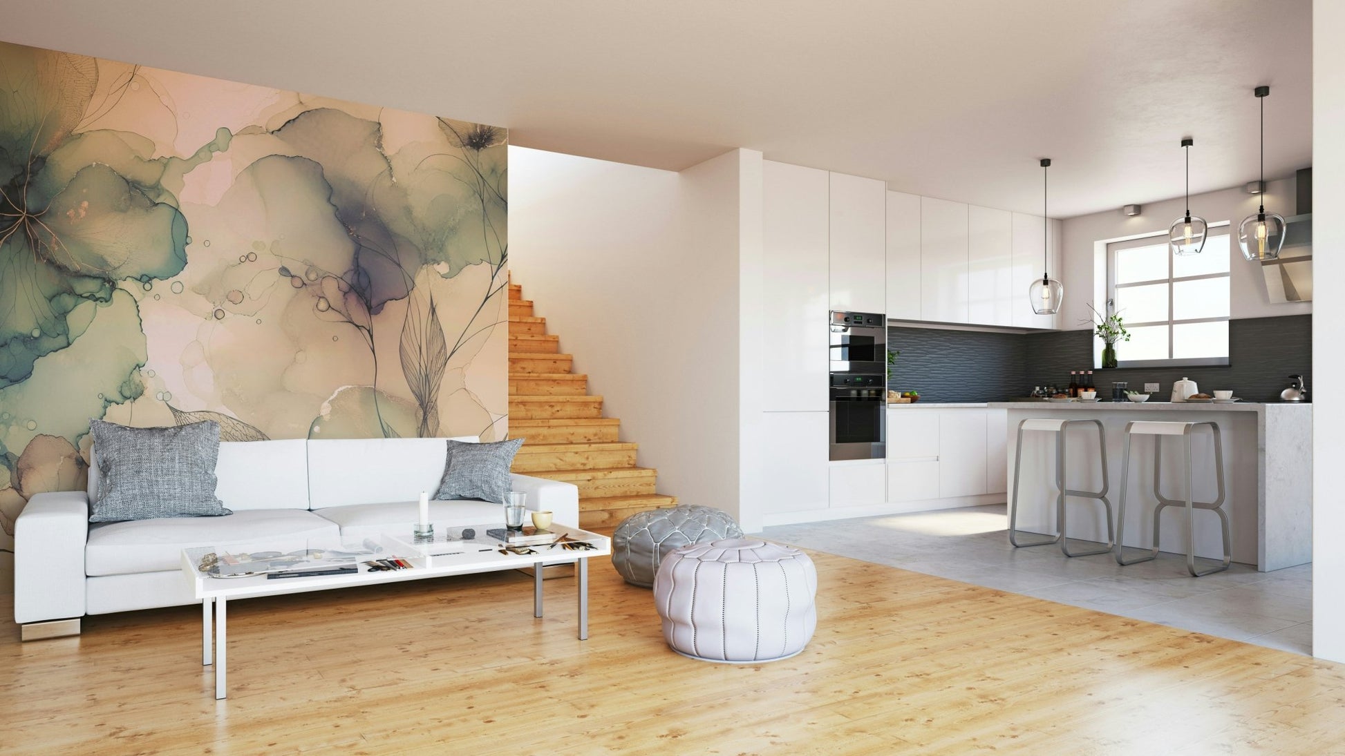 Romantic flower mural in blush, cream, and lavender.

