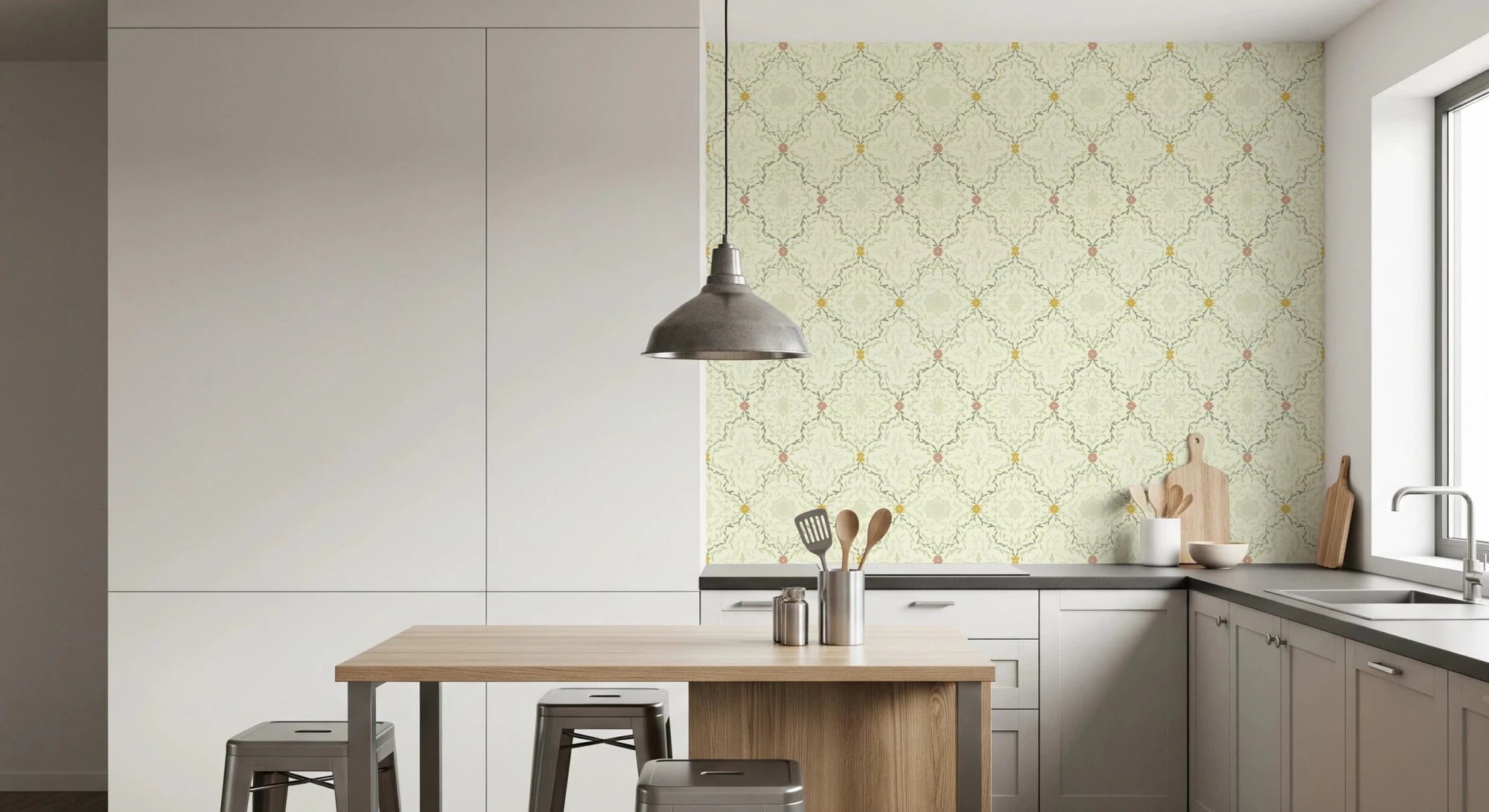 Floral Echo Wallpaper with symmetrical green vine wall mural., GD8351