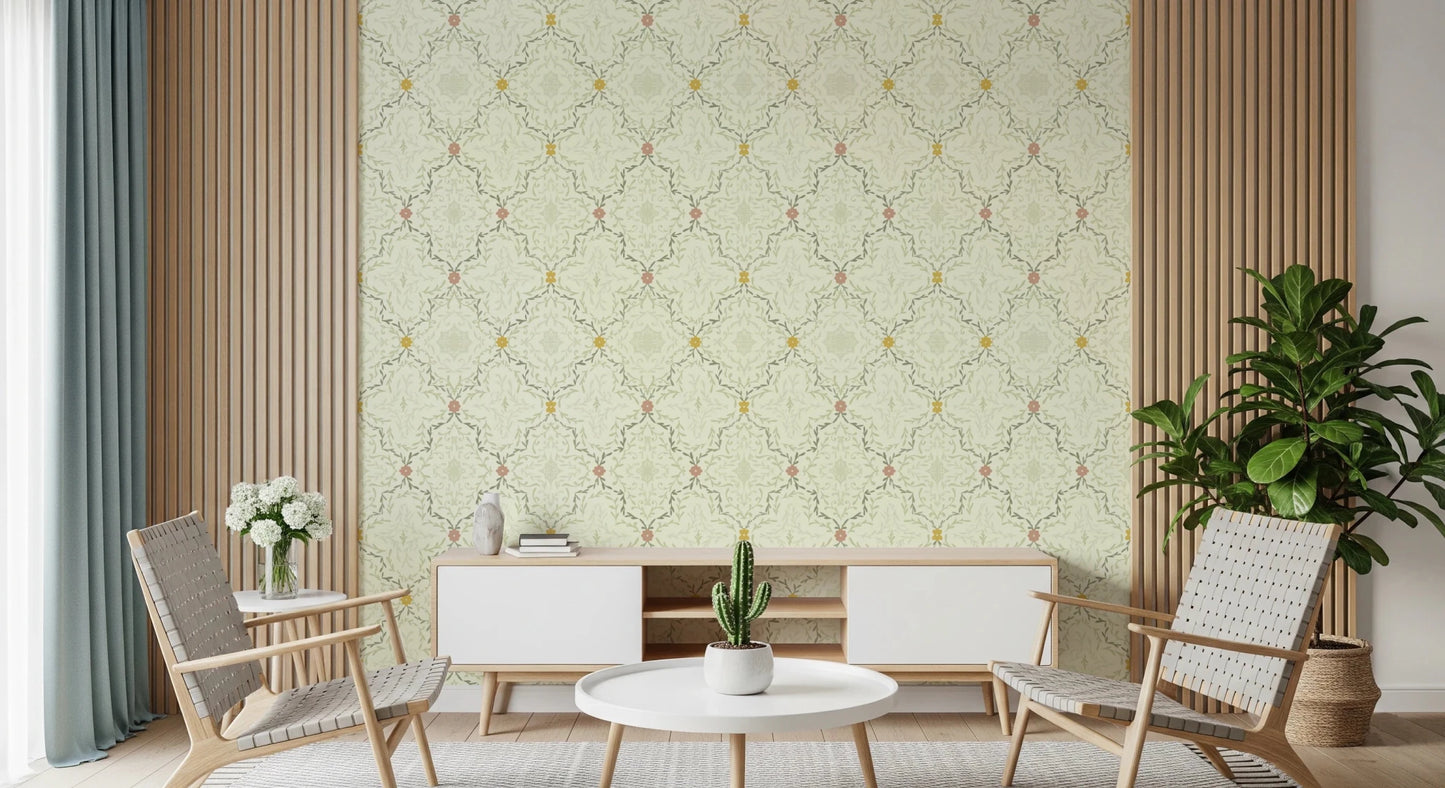 Pastel pink and yellow blossoms on cream wallpaper wall mural.