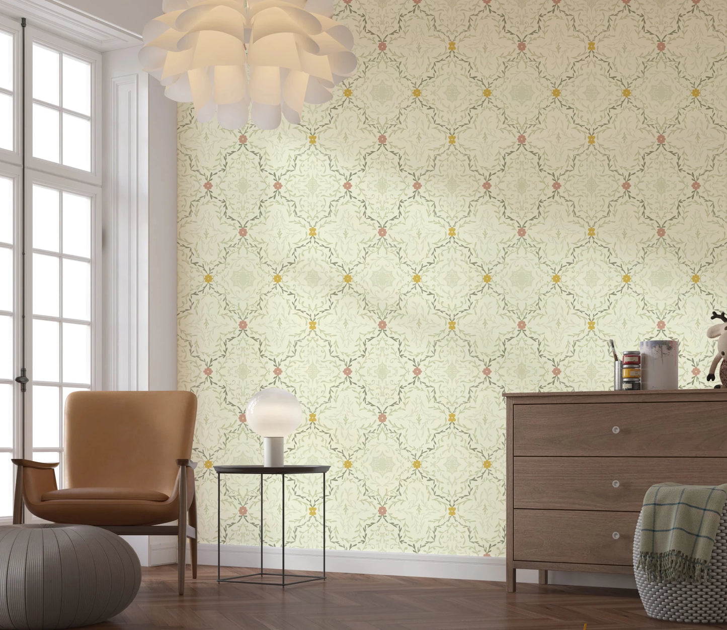 Nature inspired symmetrical vine wallpaper for a wall mural.