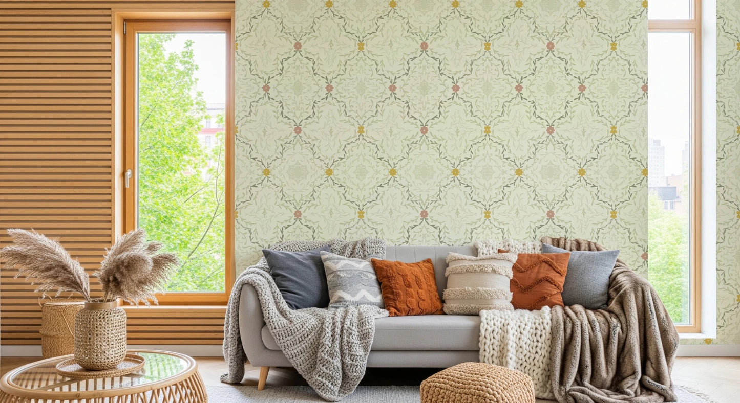 Soft cream and green botanical wallpaper for a home wall mural.