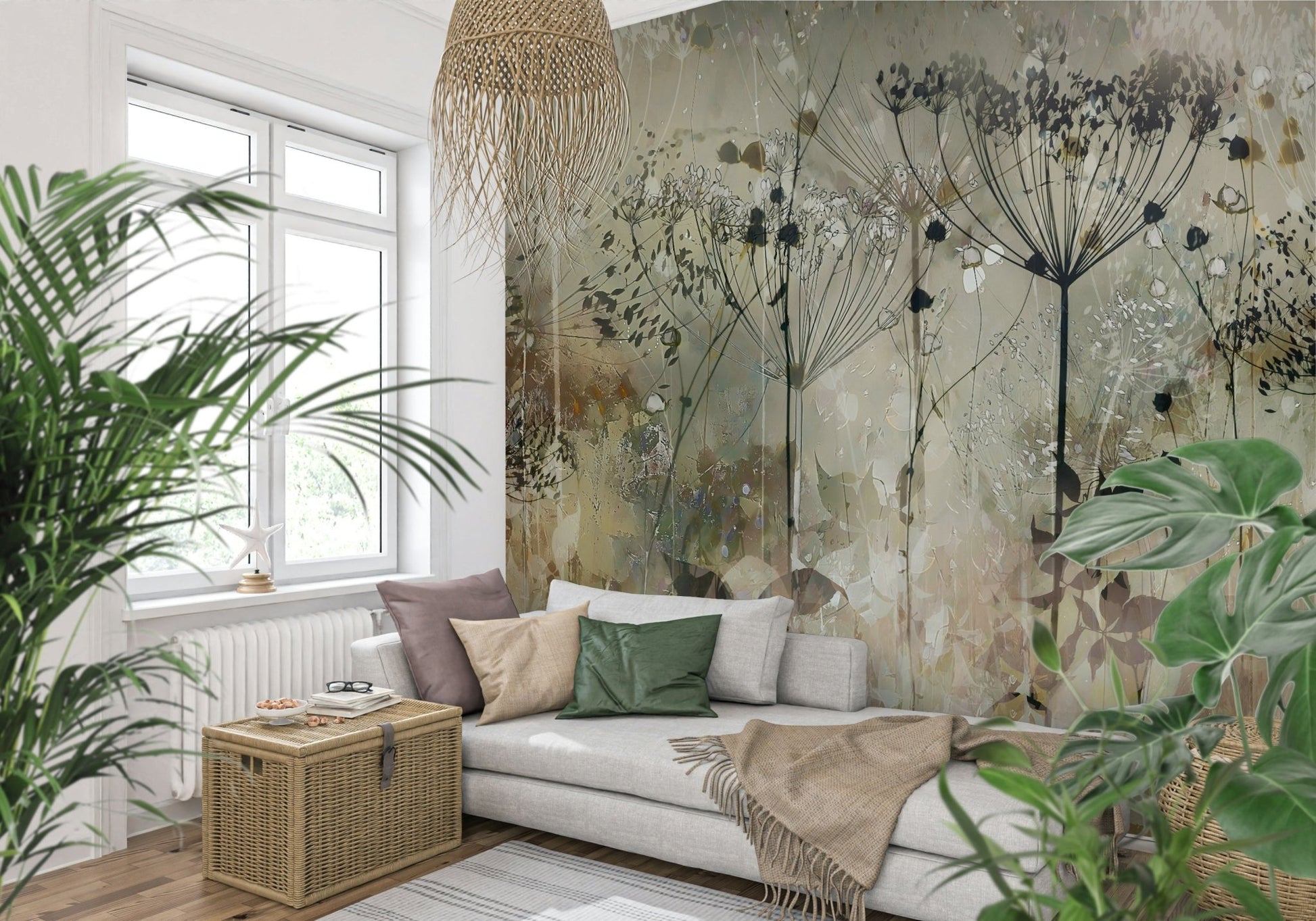A graceful subtle bloom wall mural in soft, elegant tones.