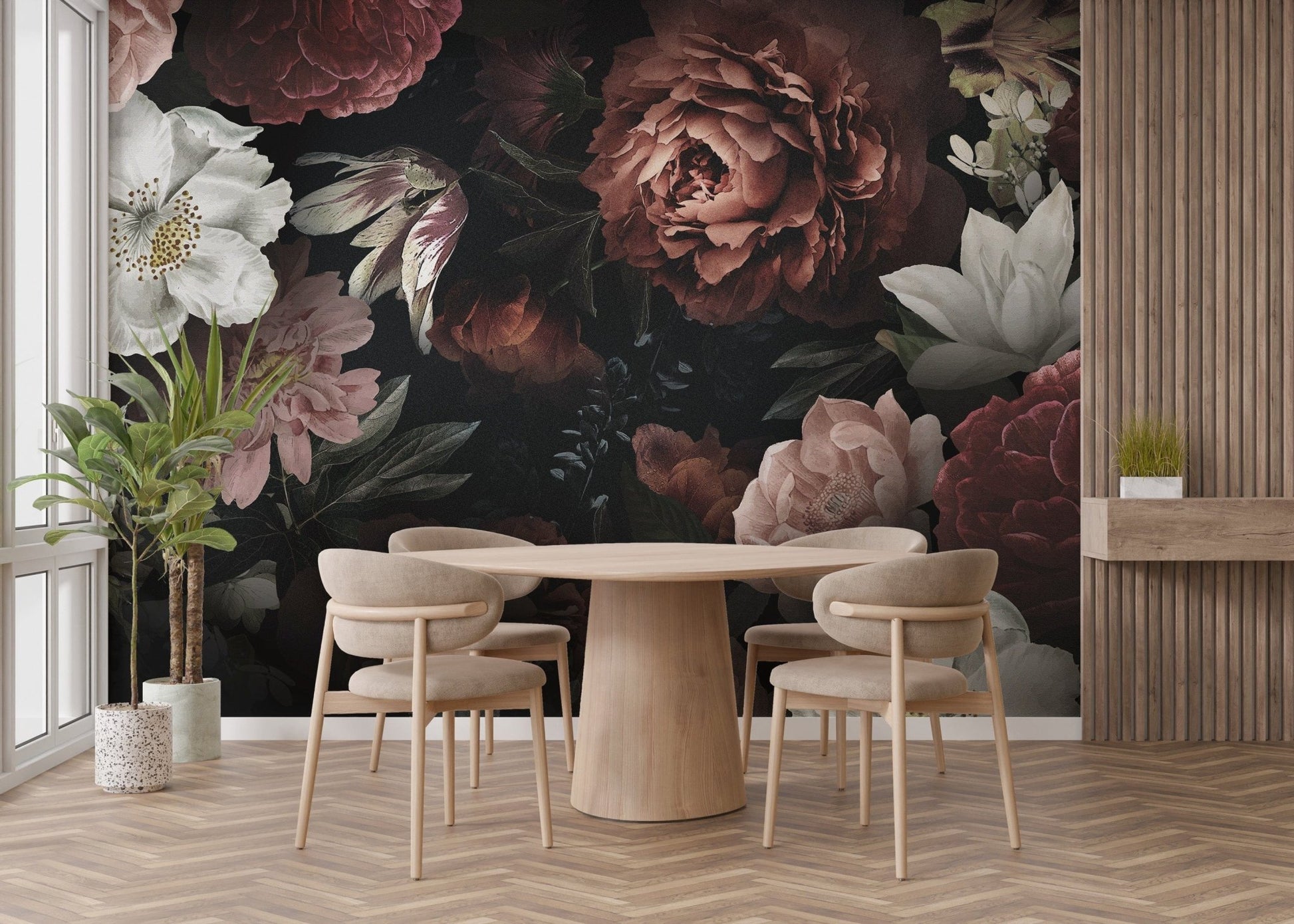 Vibrant flower mural featuring blooming roses for dining room