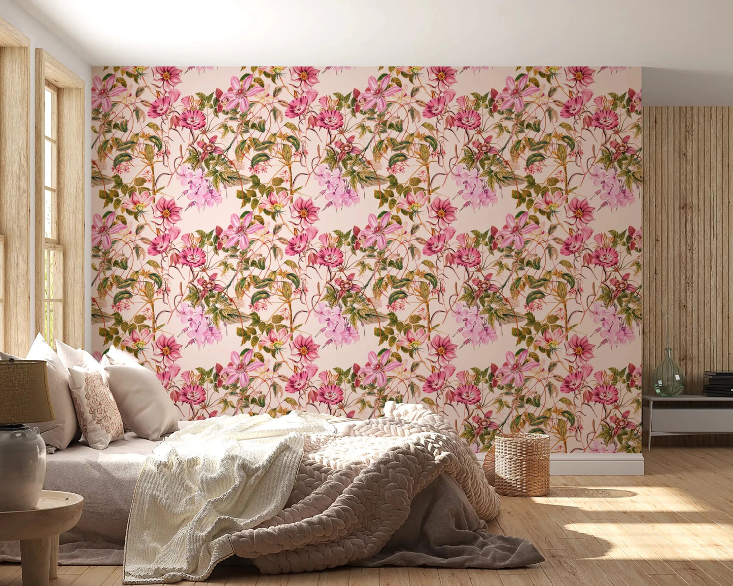 Bedroom wall featuring Floral Elegance wallpaper with soft floral vines