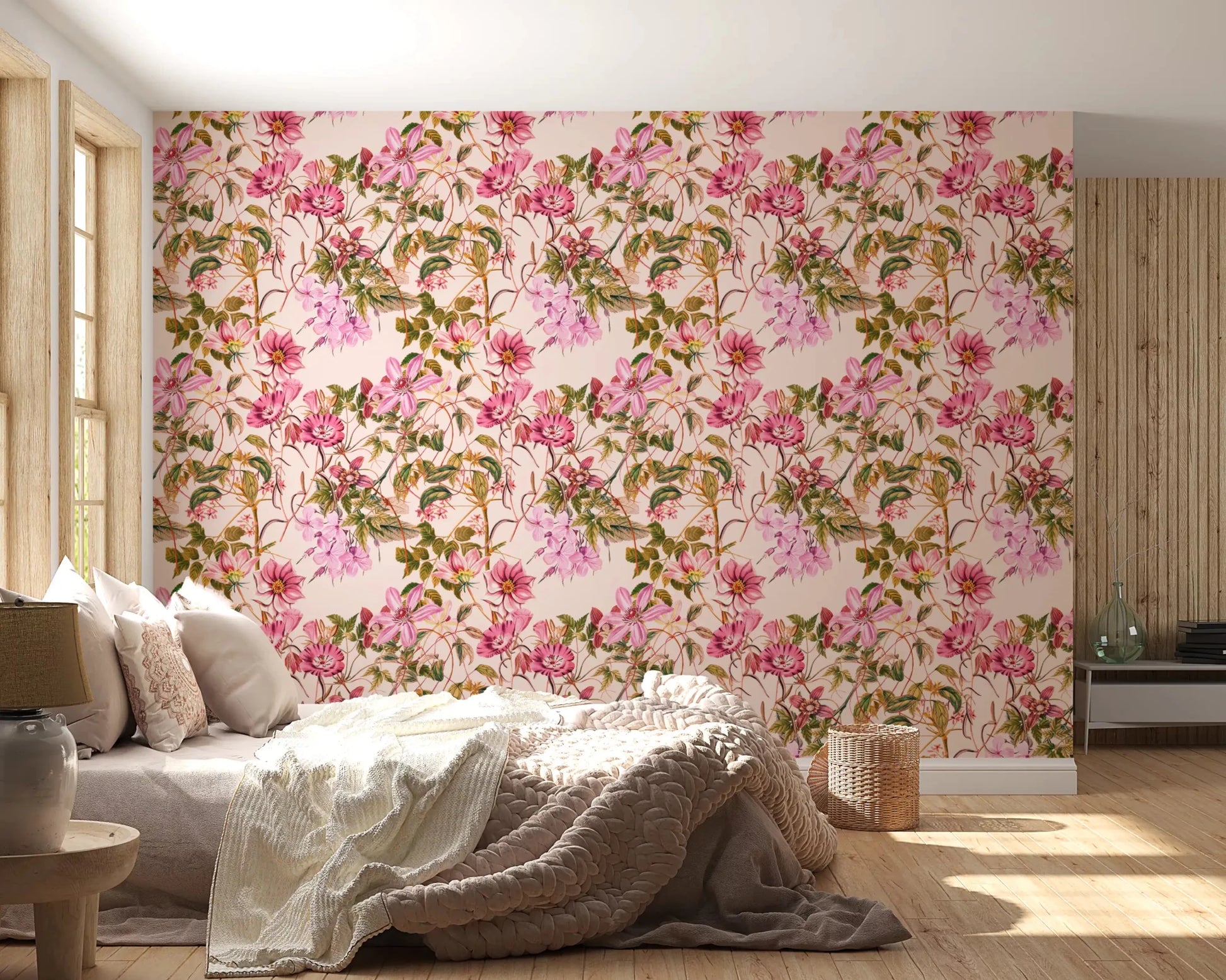 Bedroom wall featuring Floral Elegance wallpaper with soft floral vines