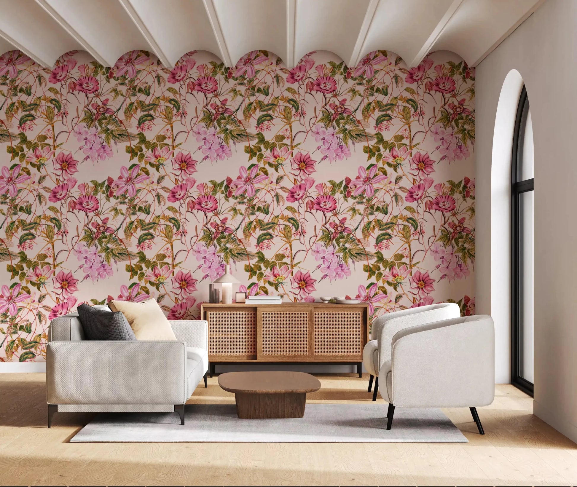 Living room styled with Floral Elegance wallpaper in pink botanical blooms