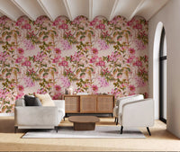 Living room styled with Floral Elegance wallpaper in pink botanical blooms