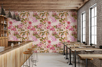 Pink blossom Floral Elegance wallpaper with winding vines and green leaves