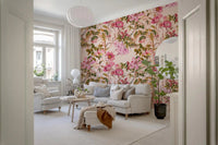 Soft botanical Floral Elegance wallpaper with pink flowers and foliage