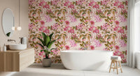 Botanical pink Floral Elegance wallpaper with layered petals and stems