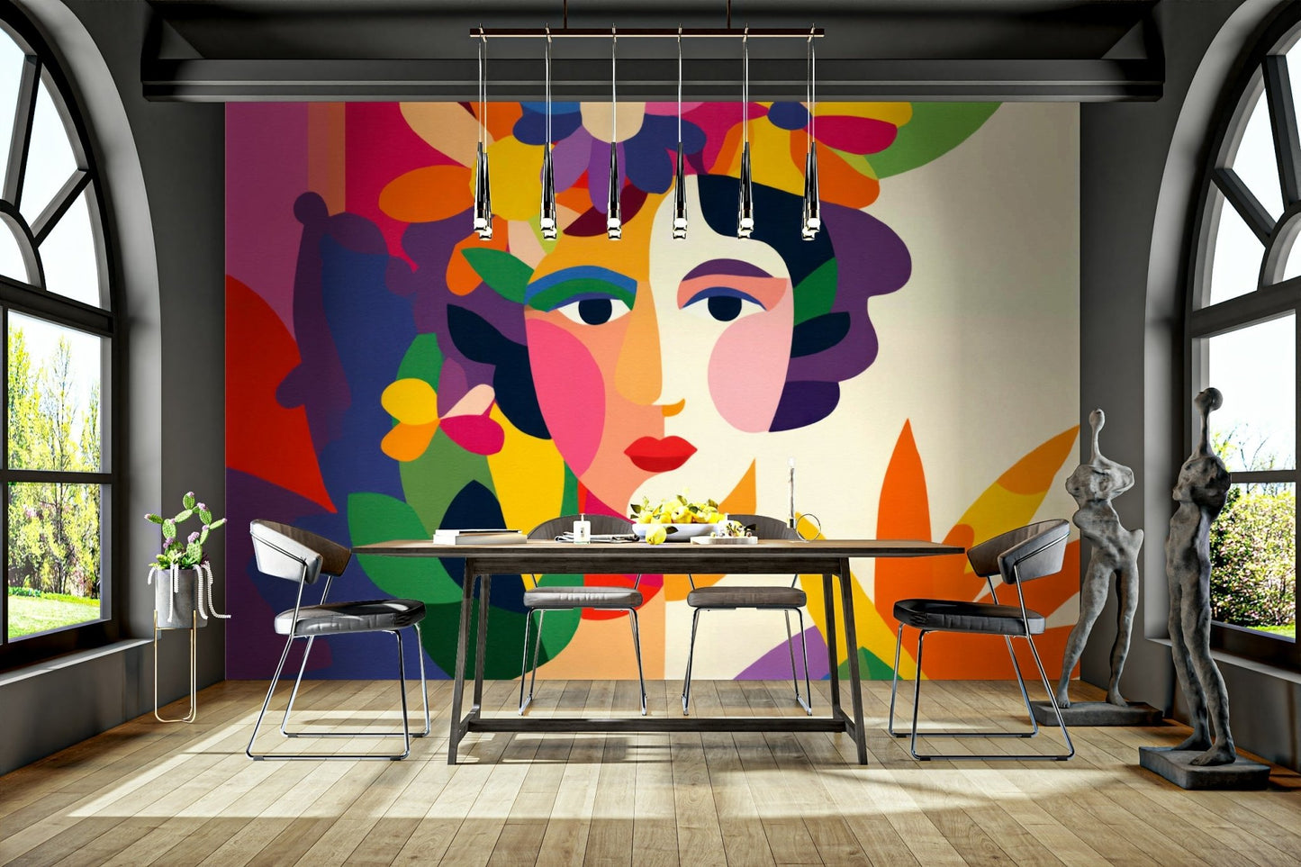 Soft pink and earthy tones in feminine art mural

